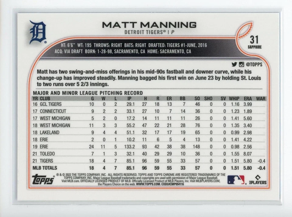 2022 Topps Chrome Sapphire Edition #31 Matt Manning RC Tigers - Image 2 of 2