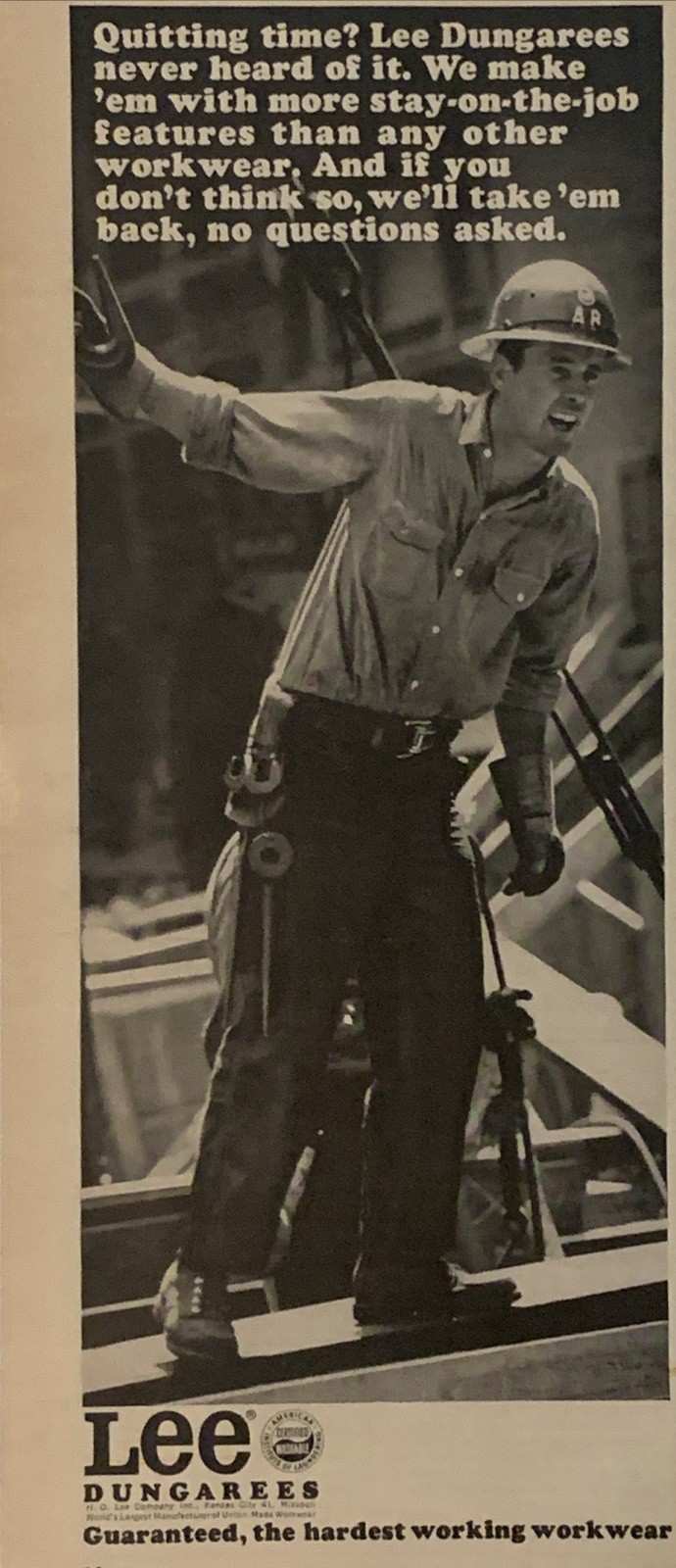 1965 Lee Dungarees PRINT AD Construction Worker VTG 60s Hardest Working Workwear