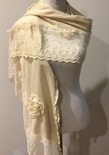 Ivory Lace Shawl Wrap Trim Rosette Romantic Bridal Cottagecore Scarf
