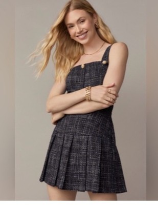 Francesca s Jamie Blue Tweed Ruffle Bottom Pearl Button Mini Dress S