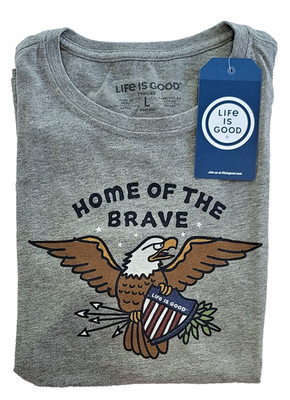 Life Is Good SS Shirt Crusher Tee Home of The BRAVE EAGLE Flag Chest43 Womens L