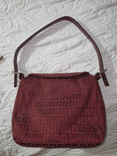 Fendi Zucchino FF Monogram Shoulder Bag Burgundy Leather Trim Vintage 267220