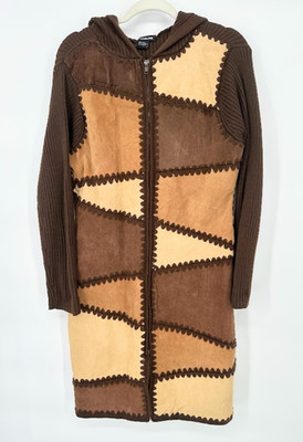 Vintage Y2K Misdemeanor Patchwork Suede Hooded Duster Cardigan Sweater Jacket L
