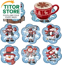 6 Pcs Diamond Art Coaster Kits With Holder - Christmas Snowman Diamond P