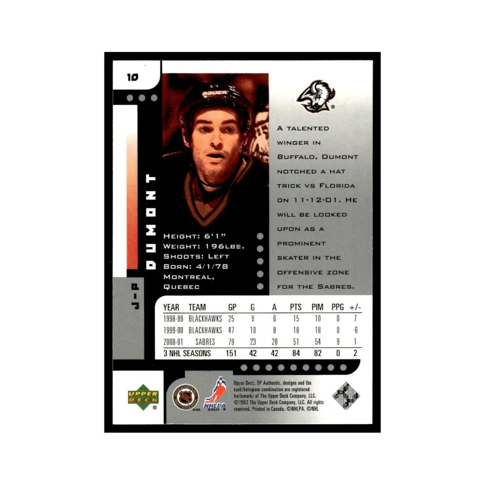 J.P. Dumont 2001 Upper Deck SP Authentic #10 Buffalo Sabres Hockey Card NM - Image 2 of 3