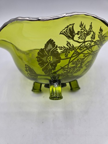 VTG. Depression Glass Bowl Emerald Green 3-leg with Silver Accents and Trim - Picture 4 of 8