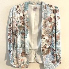 Chico's Blazer Jacket Womens 10 Open Front Blue Brown Paisley Long Sleeve