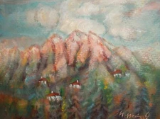 POST IMPRESSIONIST OIL PAINTING MOUNTAIN LANDSCAPE HOUSES SIGNED
