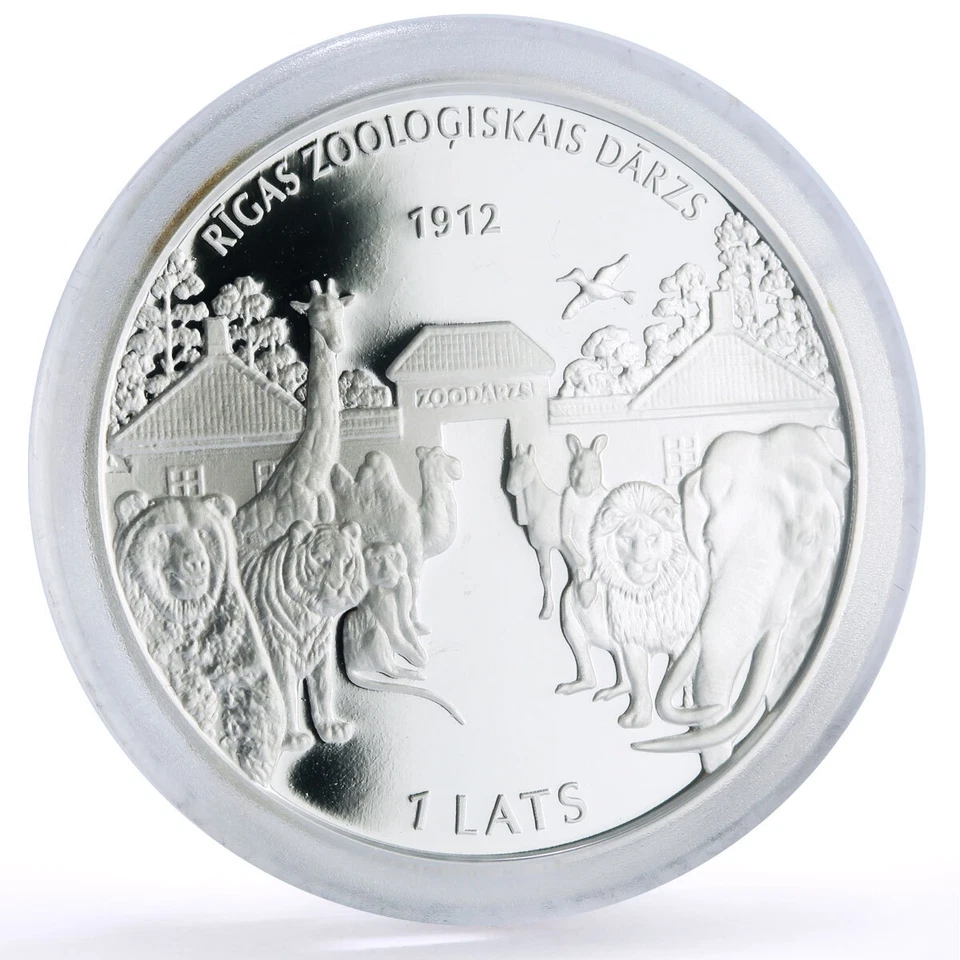 Latvia 1 lats Riga Zoo Elephant Giraffe Crocodile Monkey Fauna silver coin 2012 - Image 3 of 4