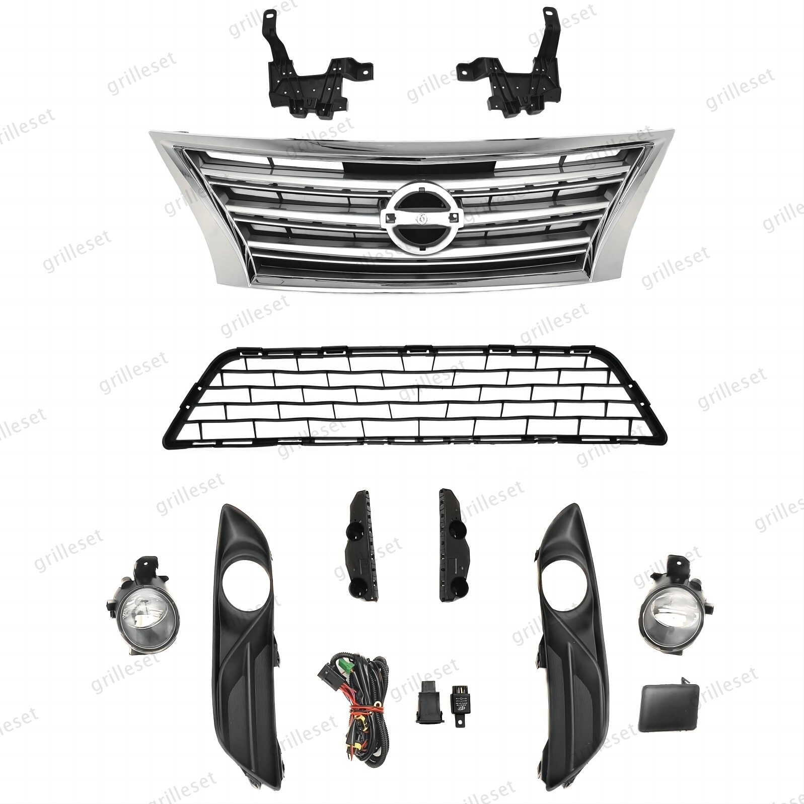 Bumper Upper Chrome Grille for Sentra 2013-15 with Lower Mesh and Fog Light Kit