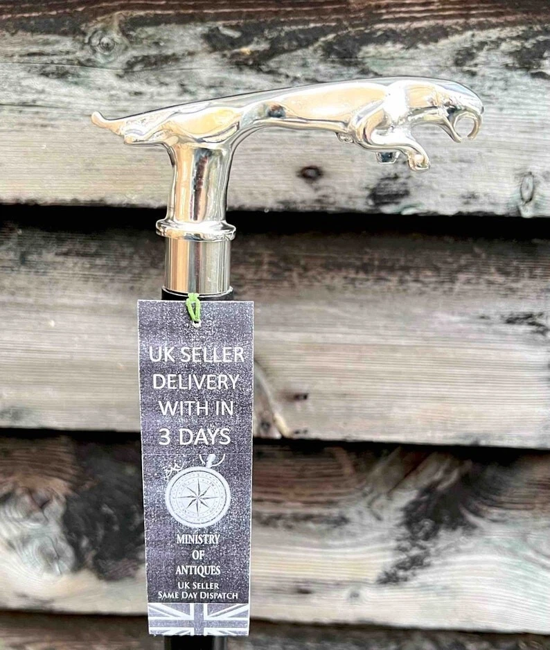 Antiguo bastón de madera con cabeza de jaguar cromado hecho a mano elegante nuevo diseño regalo Foto 3 de 4