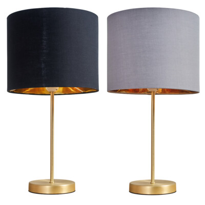 Gold Stiel Tischlampe Nachttisch Wohnzimmer Leuchte Stoffschirm LED Birne Beleuchtung