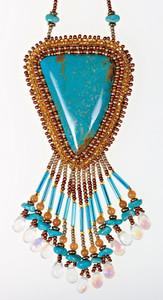 Vintage American Turquoise Cabochon (1950s)Hand-Beaded Necklace