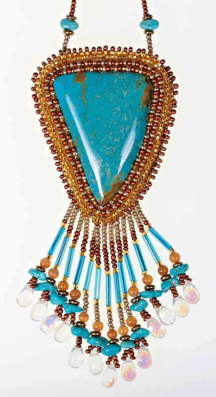 Vintage American Turquoise Cabochon (1950s)Hand-Beaded Necklace