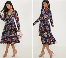 Pretty Little Thing Dress Womens 2 Navy Floral Long Sleeve Pleated Midi NEW