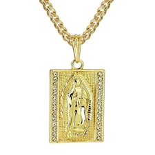 Virgin Mary Pendant 24" Cuban Chain 14k Gold Plated Square Cubic Zirconia HipHop