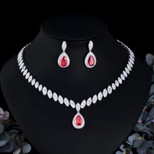 Silver Plated CZ Red Leaf Wedding Necklace Earrings Luxury Bridal Jewelry Set
