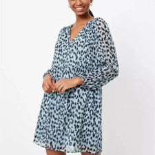 New LOFT Blue Black Leopard Animal Print V-Neck Long Sleeve Dress SP