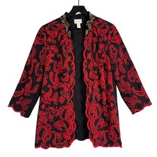 Chico's Embroidered Paisley Beaded Black Red Jacket - Size 1 8-10 US