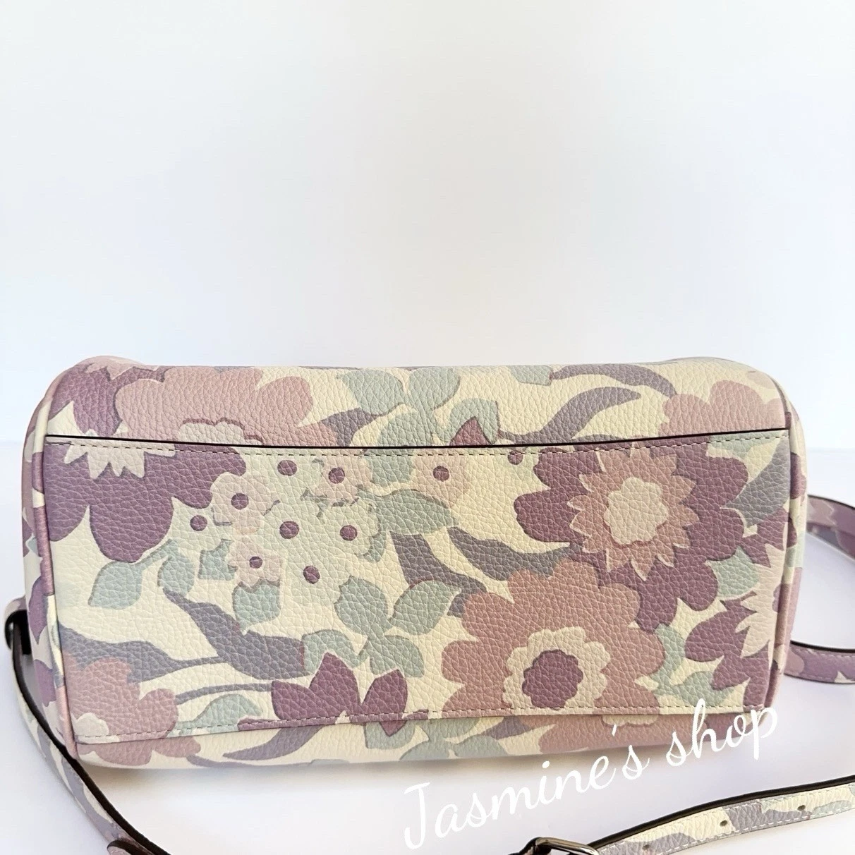 Borsa a tracolla Coach Rowan nuova con etichetta con stampa floreale in argento avorio multi viola CBG82