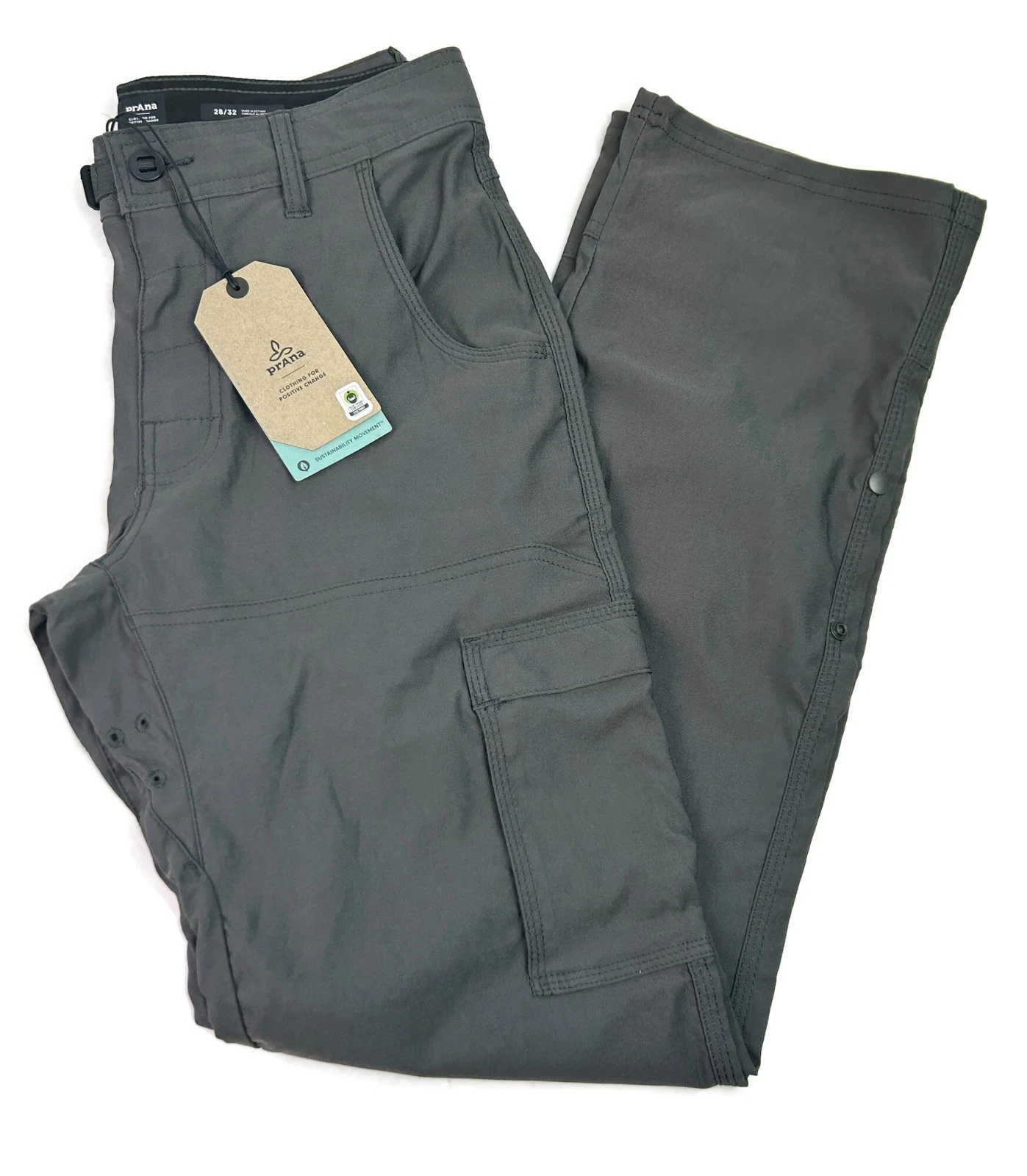Prana Zion Pants II Stretch Dark Iron Gray Mens 28 x 32 Straight Leg UPF Roll Up
