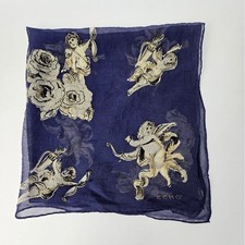 Vintage Echo 100 Silk Angel Print Sheer Square Scarf Navy Cream 20"  20"