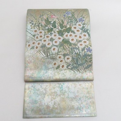 Japanese Kimono Fukuro Obi Silk Flower pattern Green 173.2inch Women's