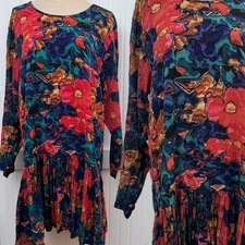 Pasta Vintage Bold Floral Abstract Drop Waist Dress Rayon Red Blue Green L