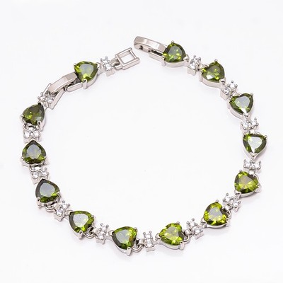 Peridot, CZ 925 Sterling Silver Adjustable Bracelet 7-8'' B12757, Gift for her