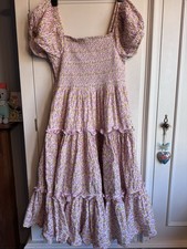 LoveShackFancy Pretty Pink Yellow Tiered Frilled Shirred Bodice Summer Dress S