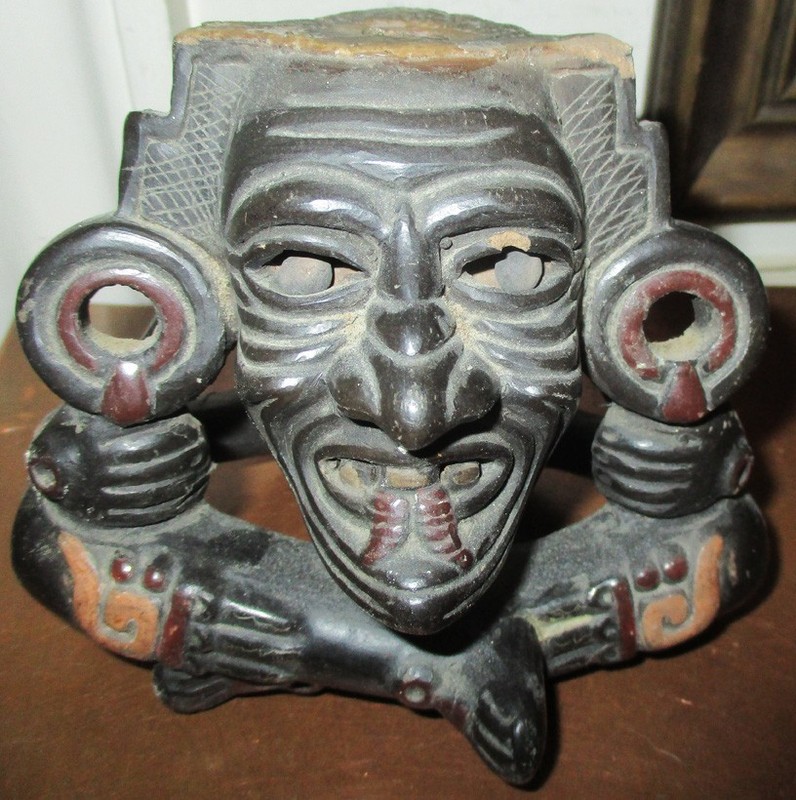 ANTIQUE JAPANESE POTTERY MULTICOLOR GOOGLY EYE MASK HAND HELD TABLE TOP HOLDER