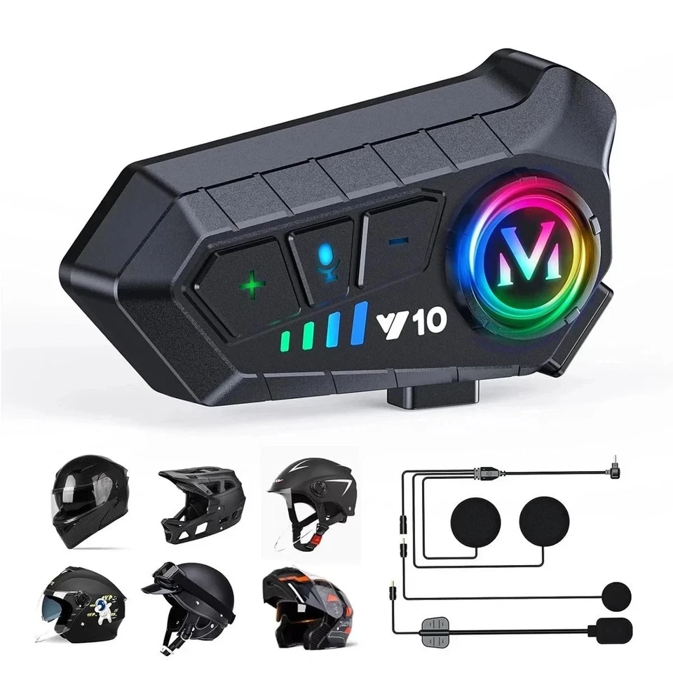 INTERFONO MOTO IMPERMEABILE V10 CASCO AURICOLARE BLUETOOTH 5.3 MICROFONO LED RGB - Immagine 3 di 4