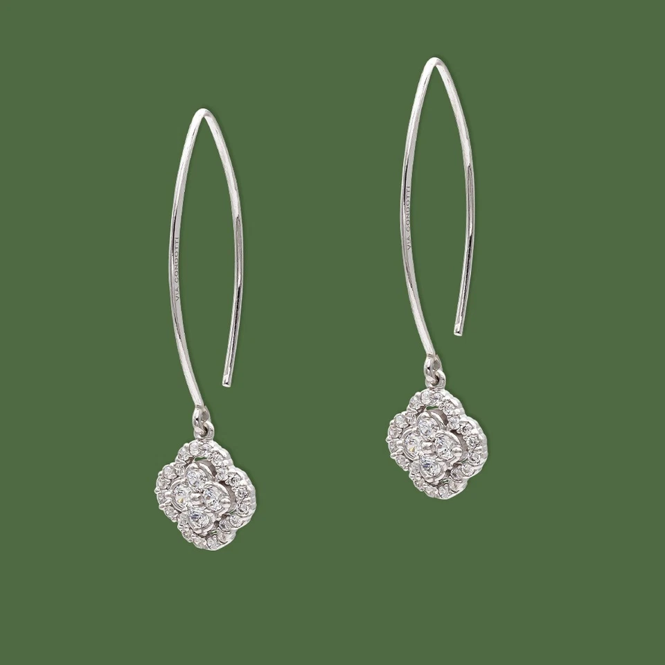 Orecchini Quadrifoglio pendenti porta fortuna in Argento 925 rodiato con zirconi - Immagine 4 di 4