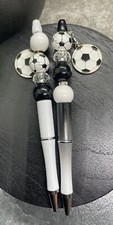 2 PC Handmade Wood Bead Rhinestone Black Ink Pen Set Soccer B3422