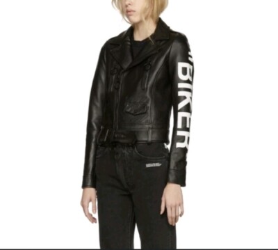 OFF WHITE C/O VIRGIL ABLOH BLACK LEATHER BIKER JACKET Size 36