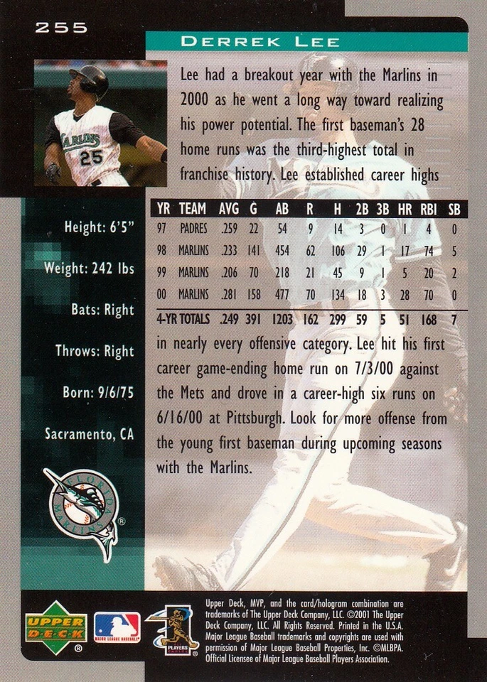 2001 Upper Deck MVP Baseball Derrek Lee #255- Marlins - Image 2 of 2