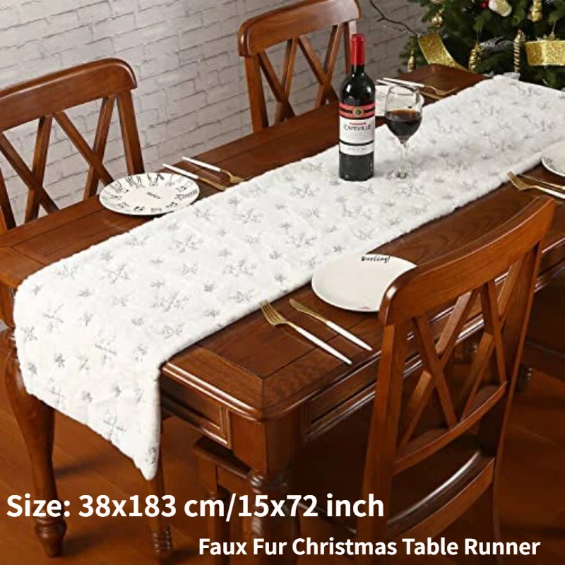Faux Fur Table Runner with Snowflakes Snowy Rug table Cover Christmas Home Decor - Image 2 of 4