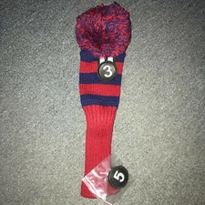 New Ray Cook Red / Navy Fairway Head Cover Pom Pom Knit Golf Club HeadCover