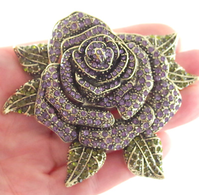 3.25'' 3D NWOT DESIGNER STYLE LAVENDER CRYSTAL RHINESTONE ROSE FLOWER BROOCH PIN