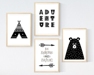 4 Modern Nursery Prints Bear Teepee Adventure Be Brave Black