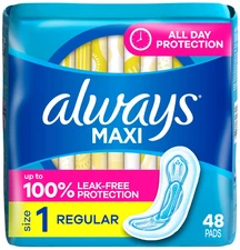 Always Maxi Feminine Pads for Women, without Wings, Unscented, 48 Count