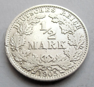 (106) RARE GERMANY EMPIRE 1/2 MARK SILVER COIN 1905 A 0.900 SILVER
