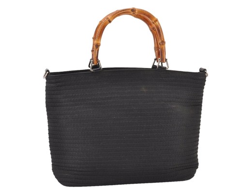 Authentic GUCCI Vintage Bamboo 2Way Shoulder Hand Bag Canvas Leather Black 746AB