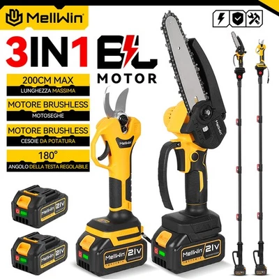 MELLWIN 3in1 Telescopica Motosega a Batteria Sega Forbici Potatore a palo Sega Giardino
