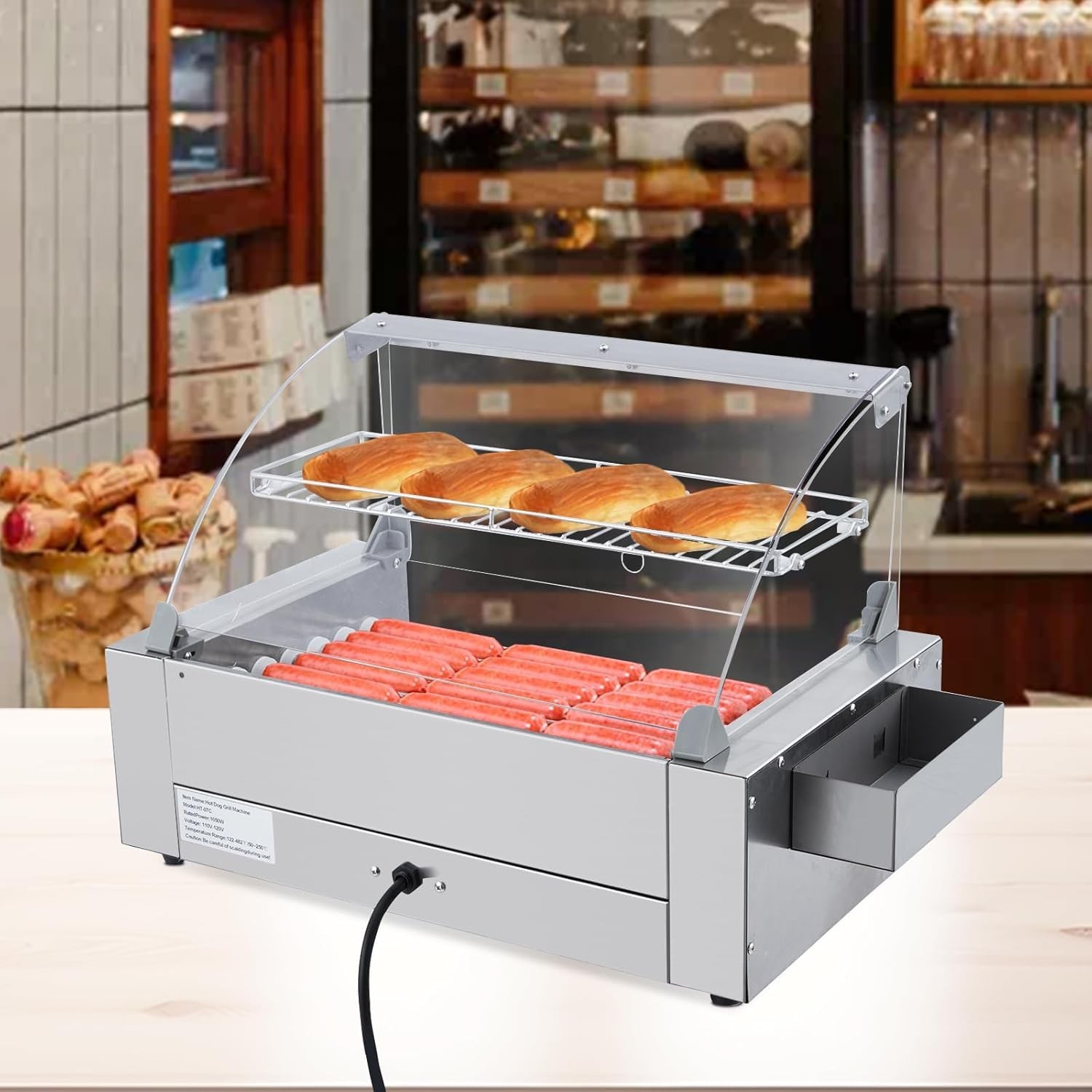 Hot Dog Roller, 30 Hot Dogs 11 Rollers Grill Cooker Machine with Removable