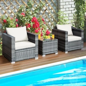 3PCS Rattan Patio Conversation Furniture Set Outdoor Yard w/ White Cushion