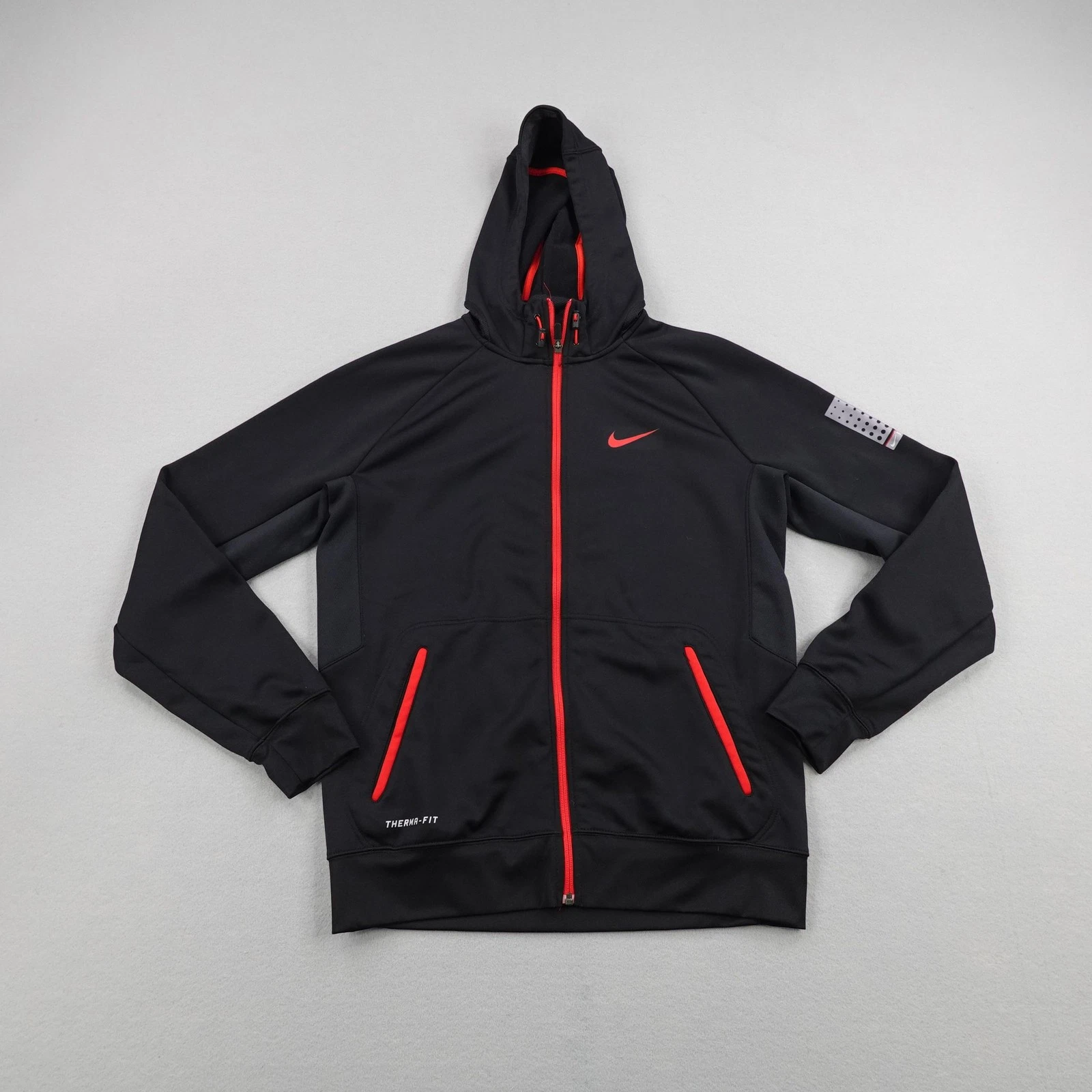 Nike Hoodie Mens Medium Black Red Therma Fit Sweatshirt Full Zip Up Performance