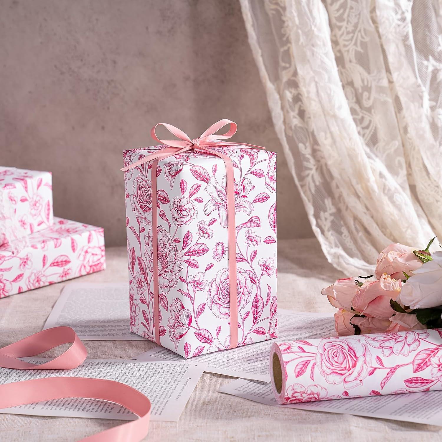 Kraft Floral Wrapping Paper Roll - Mini Roll - 17 Inch x 33 Feet - Vintage Toile