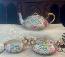 Haviland Limoges Tea Pot Creamer Sugar Set Hand Painted Roses
