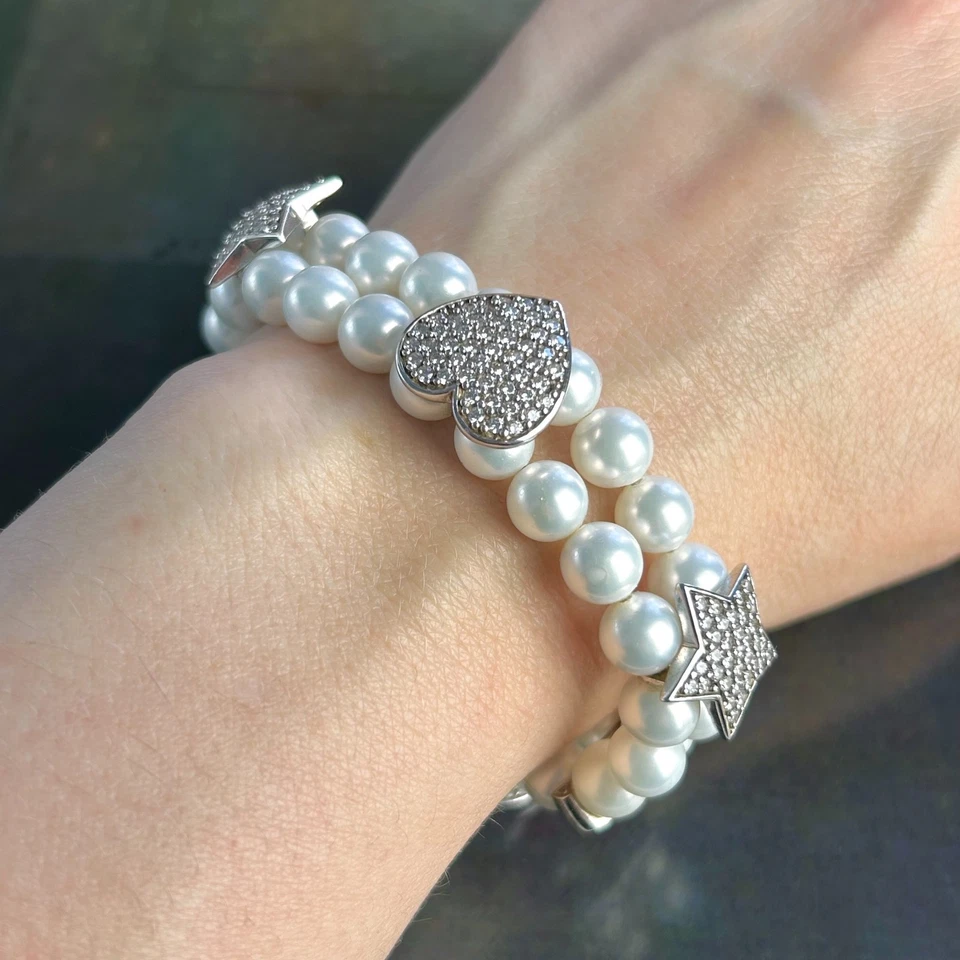 STERLING SILVER 925 Multi Strand White Simulated Pearl Bracelet Pave CZ Charms - Image 3 of 4